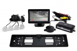 Asistenty parkovania TFT01 4,3” s kamerou CAM-402 LED v podložke pod ŠPZ, 4-senzorové, strieborné